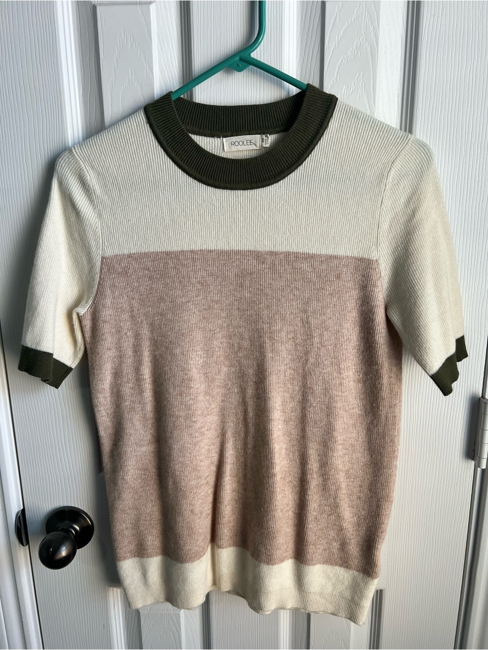 Roolee Cream Ribbed Top with Olive Trim